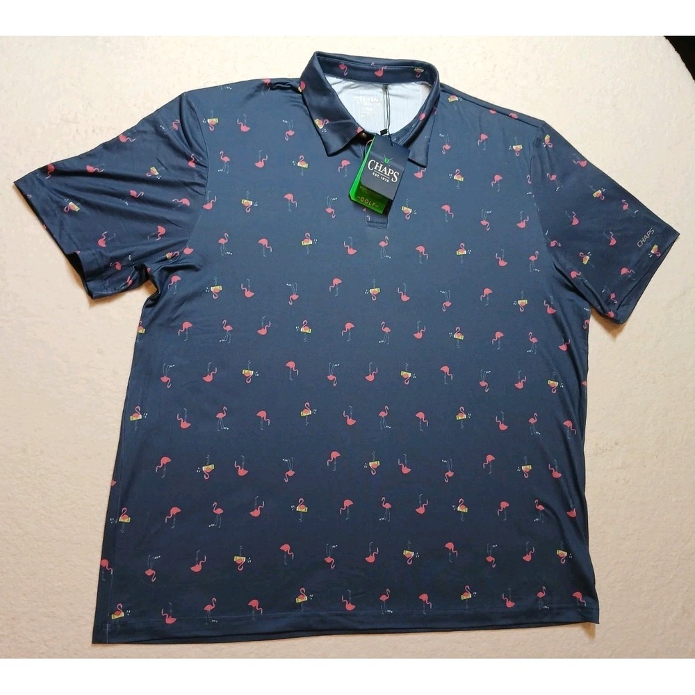 Chaps Golf Polo Shirt Mens XL Navy Blue Flamingo Cocktail Printed Performance